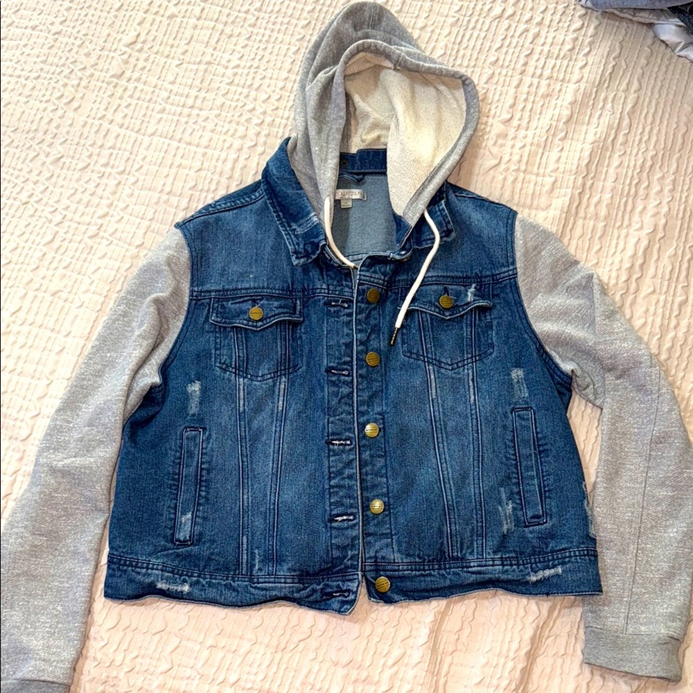 Downeast Brand womens Denim and Gray Jacket with Hood